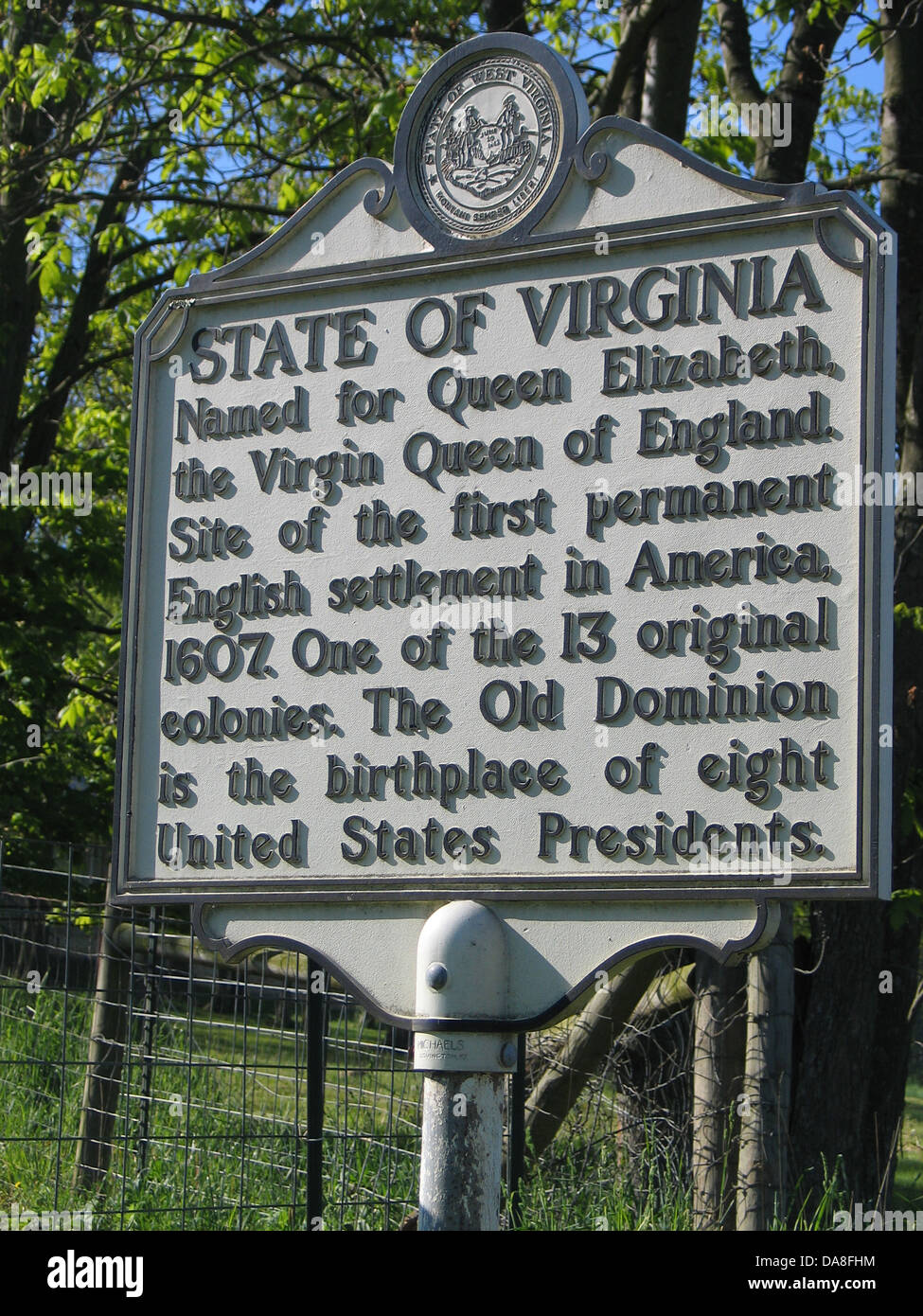 US-Bundesstaat VIRGINIA, benannt nach Königin Elizabeth, die jungfräuliche Königin von England. Website von die erste dauerhafte englische Siedlung in Amerika, 1607. Eines der 13 ursprünglichen Kolonien. Old Dominion ist der Geburtsort von acht US-Präsidenten. Stockfoto