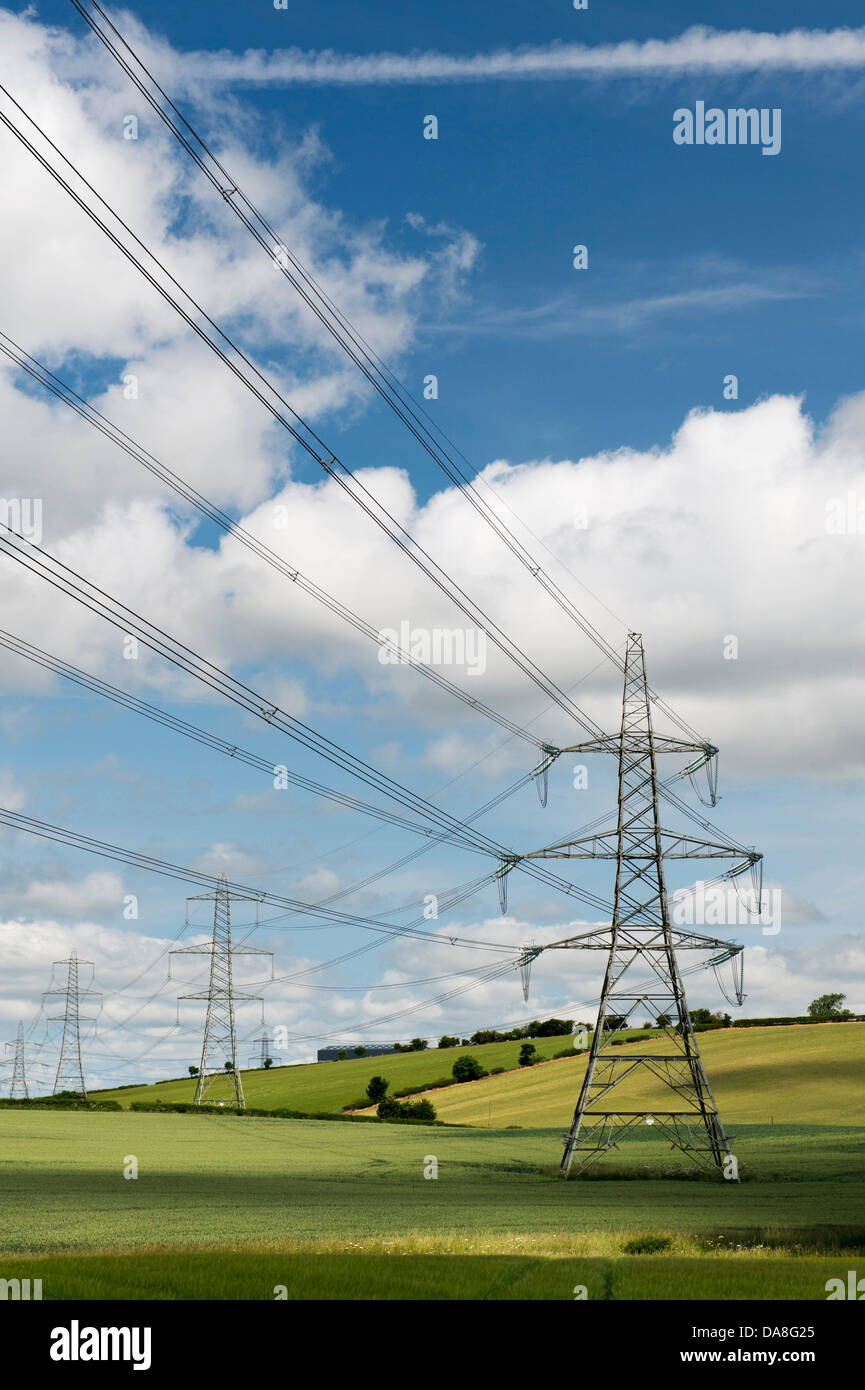 Strommasten geht quer durch die schottische Landschaft. Schottland Stockfoto