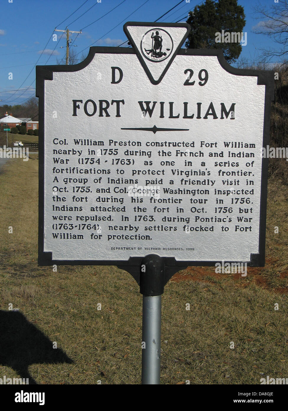 FORT WILLIAM Col. William Preston errichtet Fort William in der Nähe im Jahre 1755 während des Franzosen- und Indianerkrieg (1754-1763) als eine in einer Reihe von Befestigungsanlagen zum Schutz der Grenze Virginias. Eine Gruppe von Indianern freundlich besucht Okt. 1755, und Colonel George Washington das Fort während seiner Grenze-Tour im Jahre 1756 inspiziert. Indianer die Festung im Oktober 1756 angegriffen aber wurden abgestoßen. 1763 strömten während des Pontiac Krieg (1763-1764), in der Nähe Siedler nach Fort William zum Schutz. Abteilung für historische Ressourcen, 1999 Stockfoto