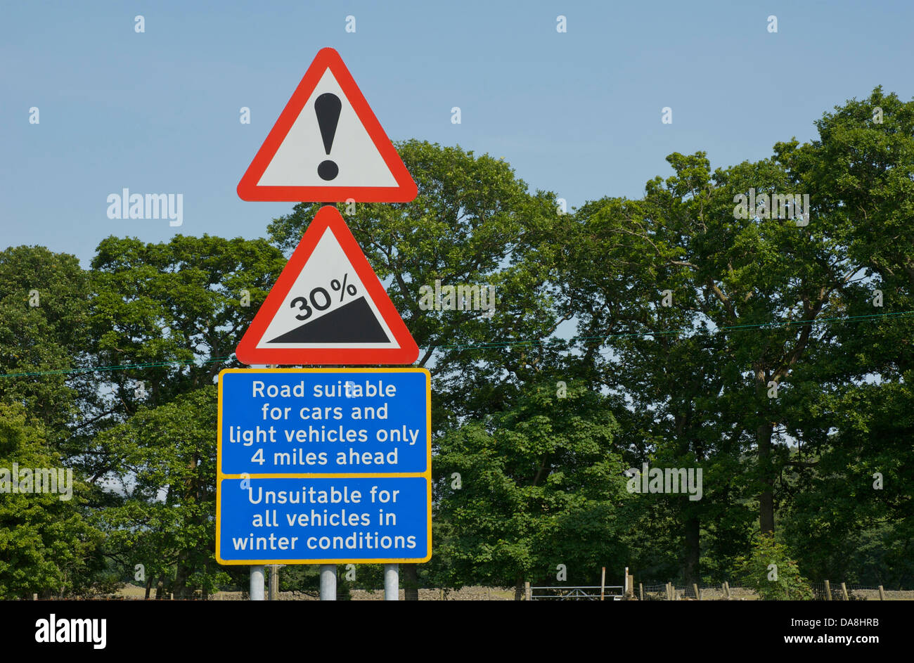 Schild am Eskdale Green, West Cumbria Warnung Fahrer über die steilen Steigungen auf Hardknott und Wrynose-Pässe, England UK Stockfoto