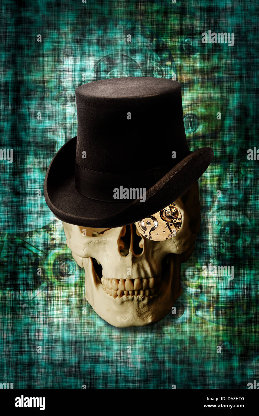 Totenkopf mit Zylinder und Armbanduhr, Steampunk-Konzept Stockfoto