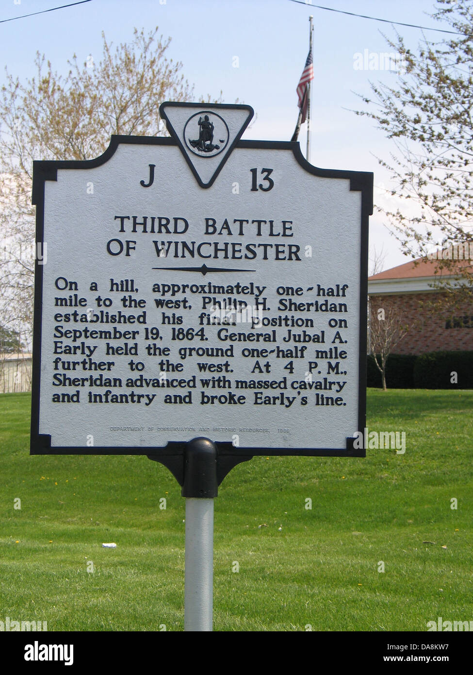 Dritte Schlacht von WINCHESTER auf einem Hügel, etwa eine halbe Meile westlich, Philip H. Sheridan seine endgültige Position am 19. September 1864 gegründet. General Jubal A. Schon statt den Boden eine halbe Meile weiter nach Westen. 16:00 Sheridan advanced mit massierten Kavallerie und Infanterie und Early Linie durchbrach. Department of Conservation and historische Ressourcen, 1988. Stockfoto