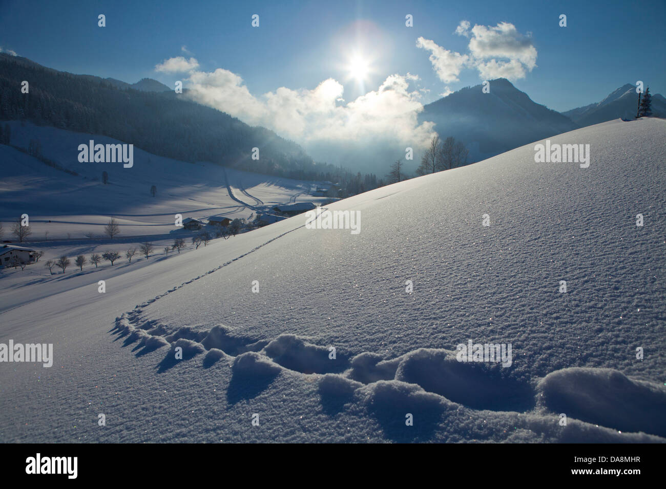 Österreich, Europa, Tirol, Unterland, Tiefland, Thiersee, Hinterthiersee, Winter, Schnee, Track, Trace, verschneiten Schuh, Schneeschuh, hinten l Stockfoto