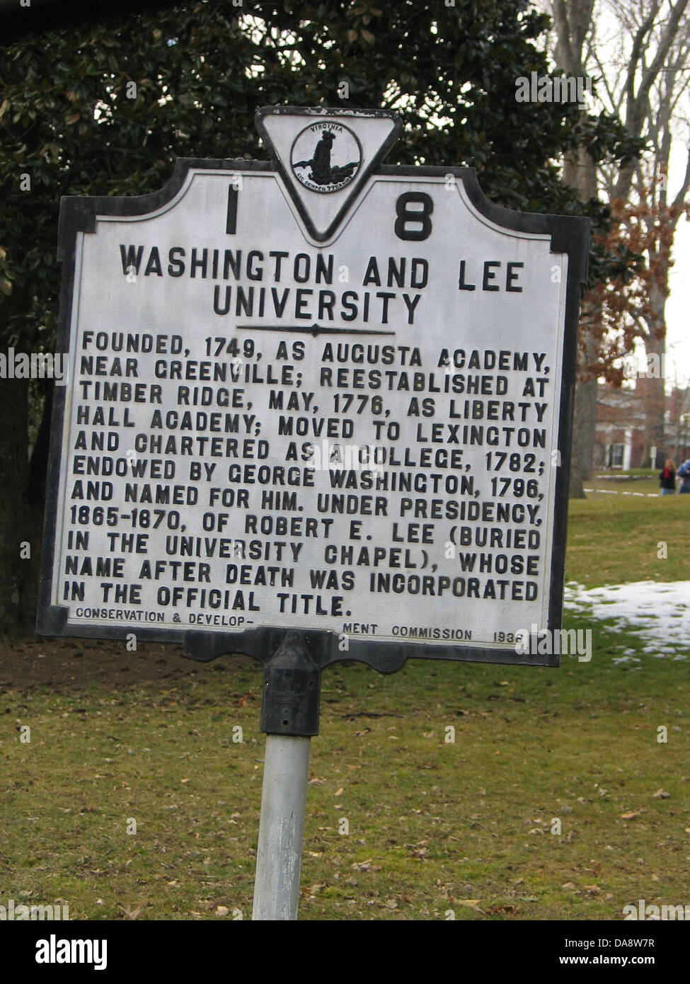 WASHINGTON AND LEE UNIVERSITY gegründet, 1749, als Augusta Akademie, in der Nähe von Greenville; wiederhergestellt im Timber Ridge, Mai 1776, als Stockfoto