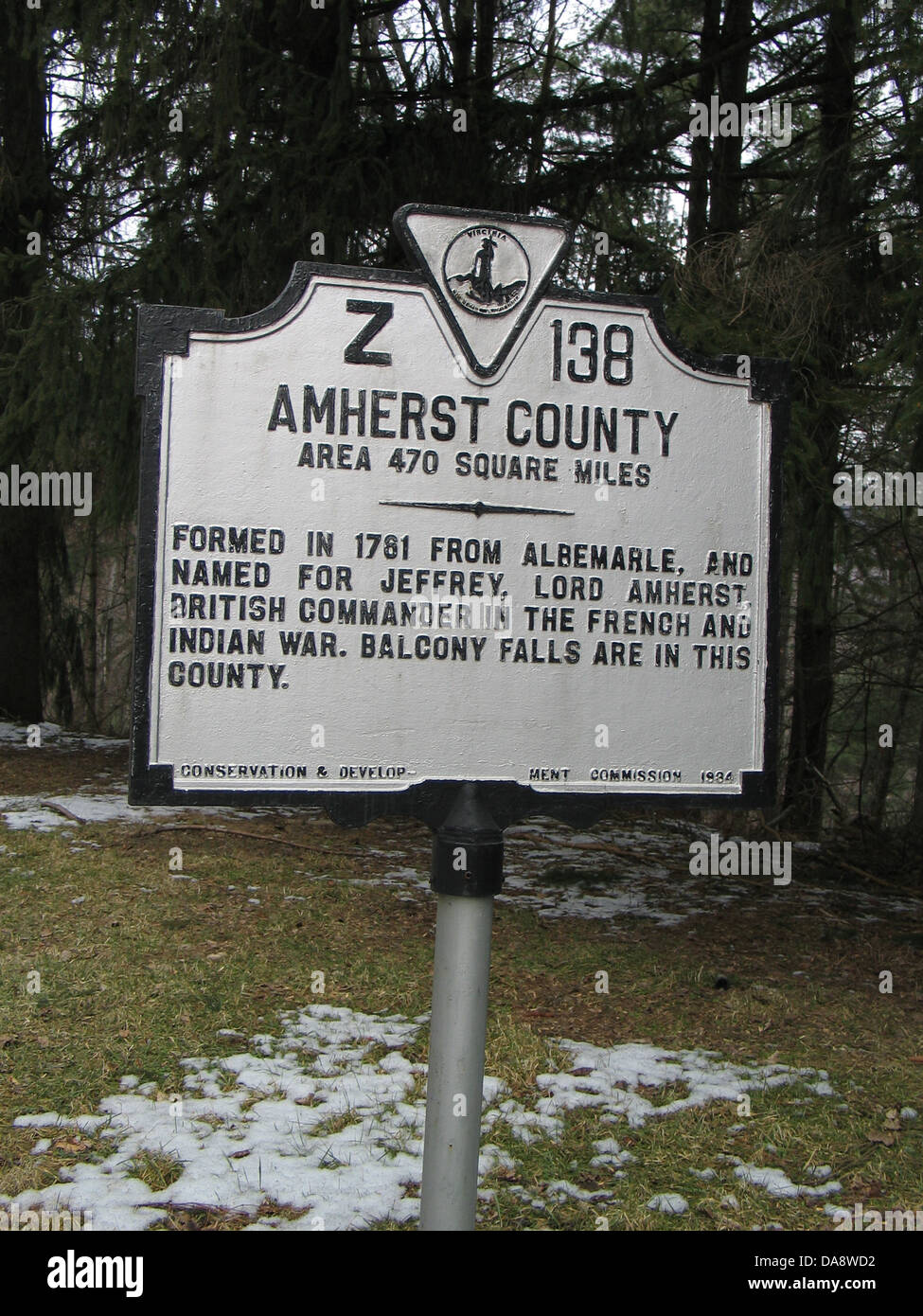 AMHERST COUNTY Bereich 470 Quadrat-Meilen im Jahre 1781 von Albemarle, gebildet und benannt nach Jeffrey Lord Amherst, britischer Kommandeur in Stockfoto