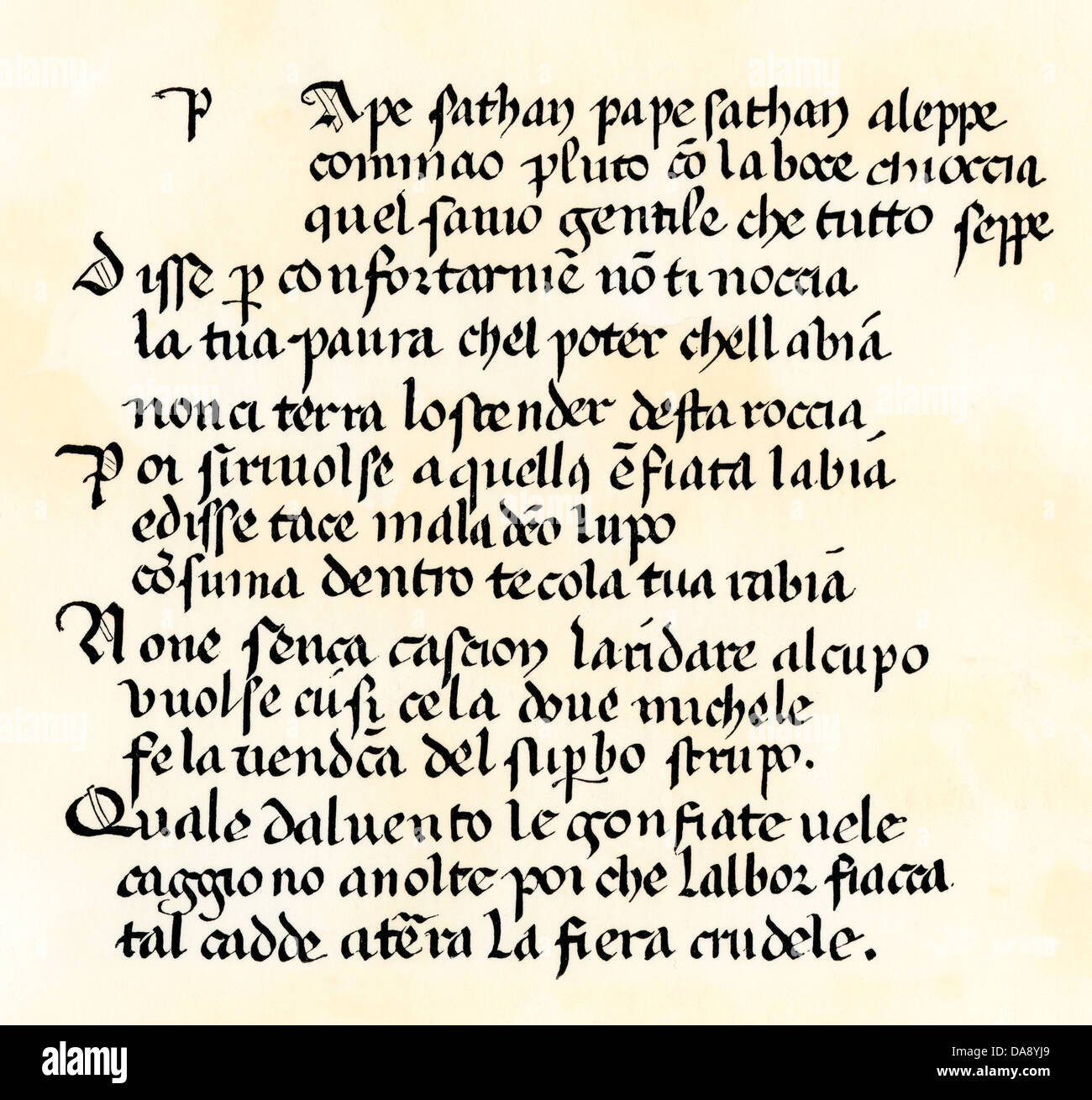 Fragment von Dantes "La Divina Comedia' Manuskript, 1300. Holzschnitt mit einem Aquarell waschen Stockfoto
