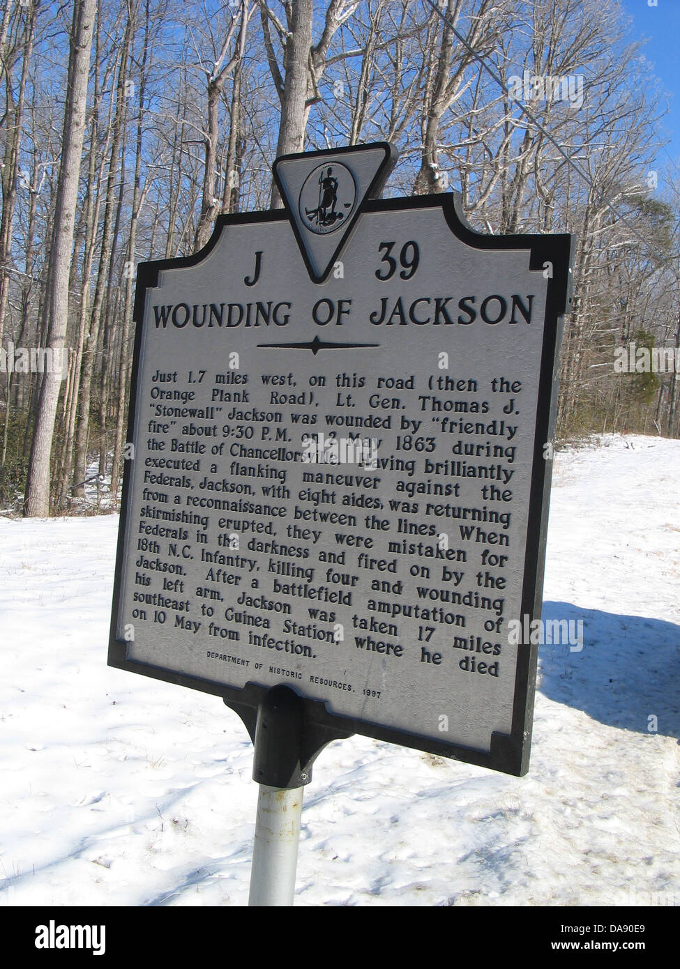Verwundung von JACKSON Just 1,7 Meilen westlich, auf dieser Straße (dann die Orange Plank Road), Generalleutnant Thomas J. war "Stonewall" Jackson Stockfoto