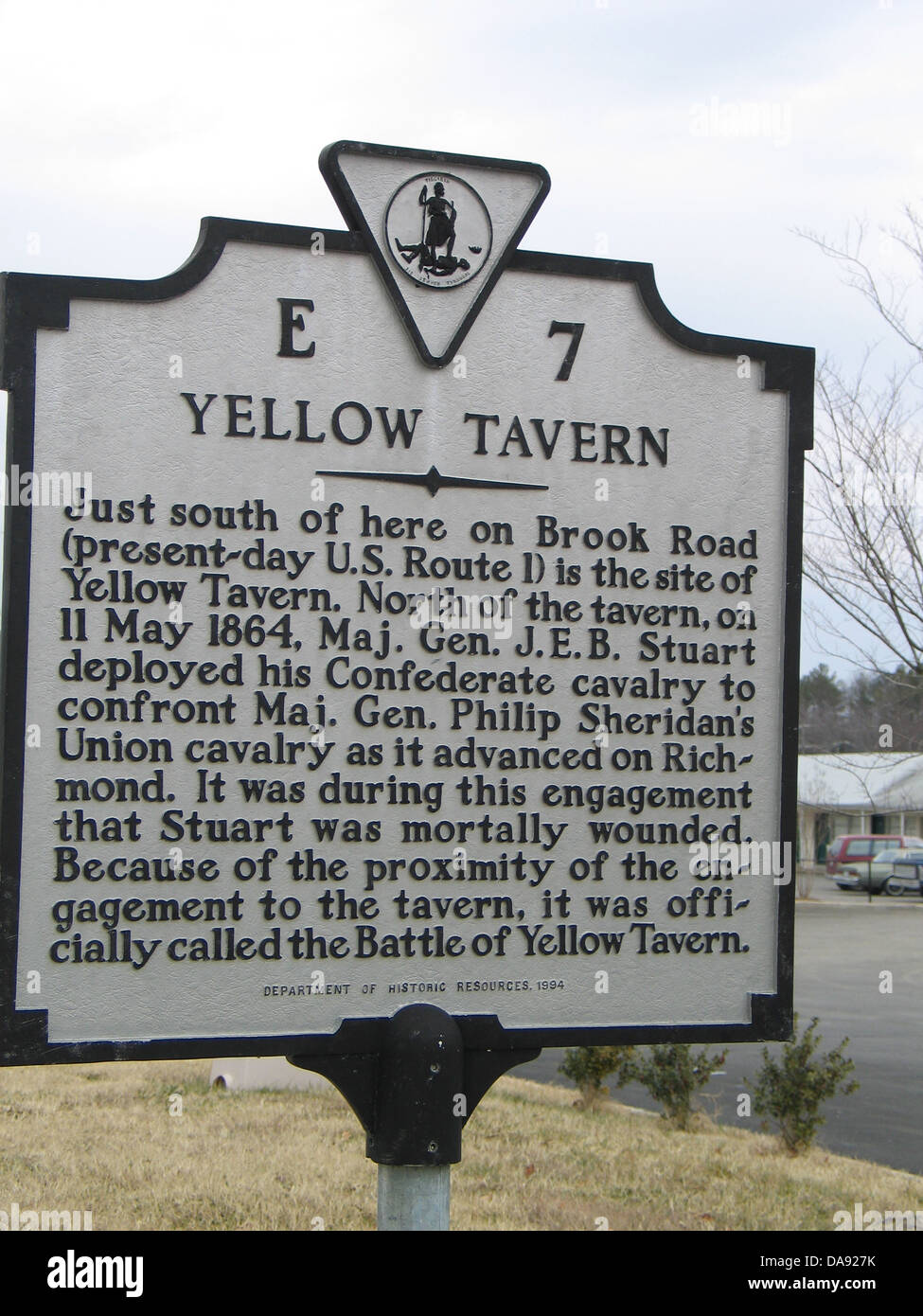 YELLOW TAVERN südlich von hier auf Brook Road (heutige U.S. Highway 1) ist der Ort der Yellow Tavern. Nördlich der Taverne bereitgestellt auf 11. Mai 1864, Generalmajor J.E.B. Stuart sein Konföderierten Kavallerie um Generalmajor Philip Sheridan Union Kavallerie als es advanced auf Richmond zu konfrontieren. Im Rahmen dieses Engagements wurde Stuart tödlich verwundet wurde. Wegen der Nähe des Engagements in die Taverne hieß es offiziell Schlacht des gelben Tavern. Abteilung für historische Ressourcen, 1994 Stockfoto