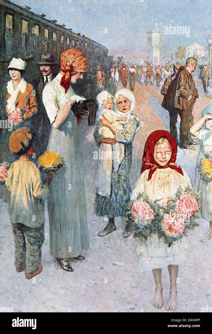 Russland. Der Trans-sibirischen. Bahnhof in Sibirien, mit Kindern, Verkauf von Blumen. 1913. farbigen Gravur. Stockfoto