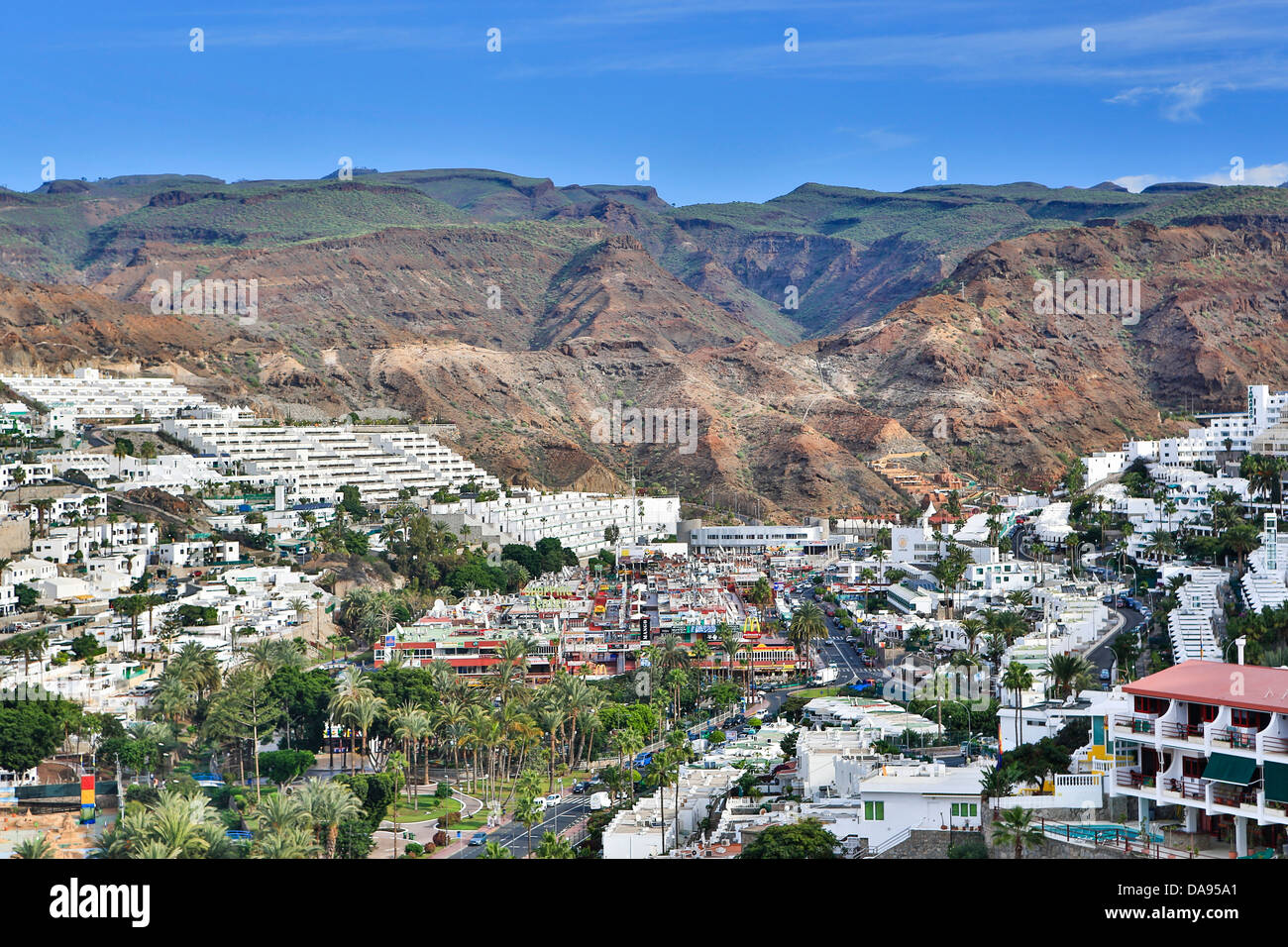 Spanien, Europa, Kanarische Inseln, Gran Canaria, Puerto Rico, Architektur, Stadt, Insel, Modern, Morgen, Skyline, touristische, Trave Stockfoto