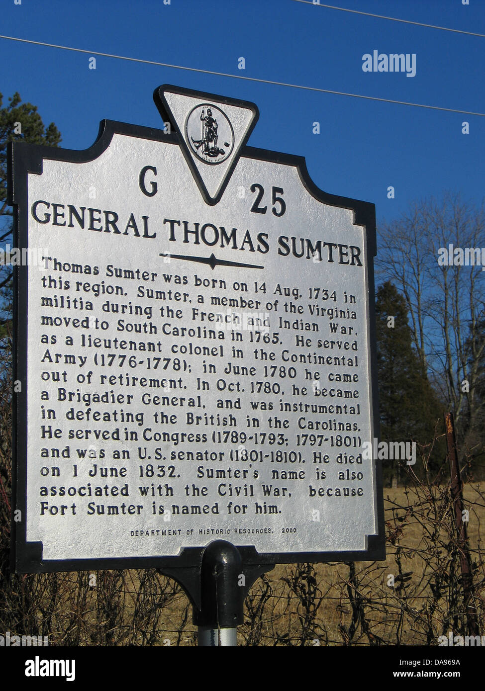 GENERAL THOMAS SUMTER Thomas Sumter wurde am 14. August 1734 in dieser Region geboren. Sumter, ein Mitglied der Virginia Miliz während th Stockfoto