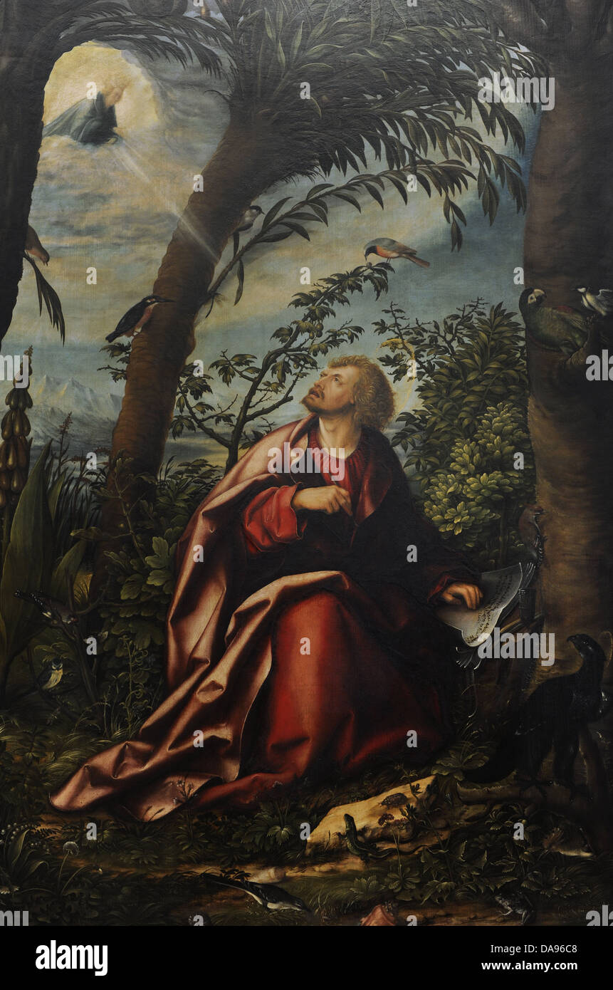 Hans Burgkmair der ältere (1473-1531). Deutscher Maler. Saint John Altarbild, 1518. Detail der Heilige Johannes der Evangelist auf Patmos. Stockfoto