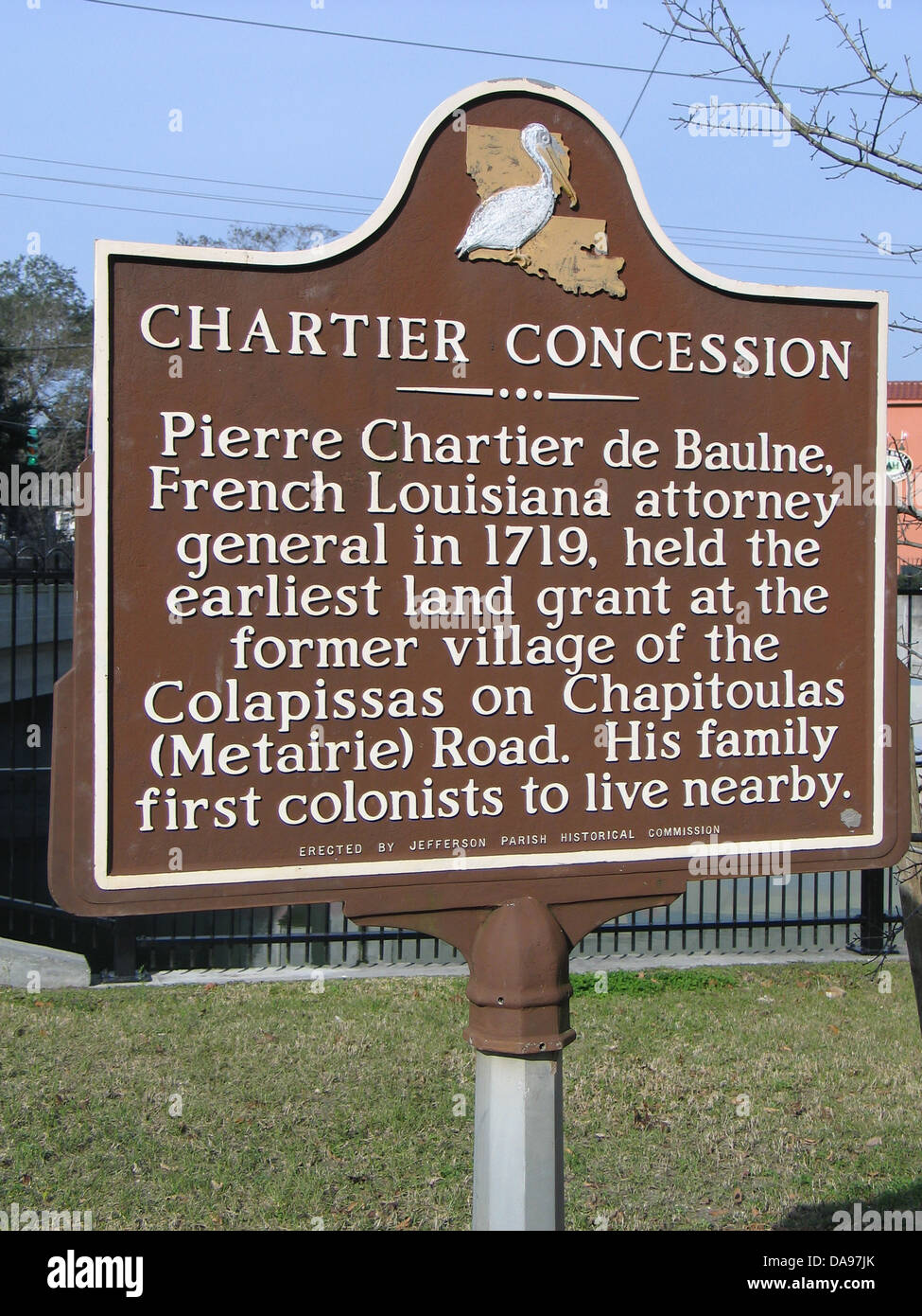 CHARTIER Konzession Pierre Chartier de Baulne, französische Louisiana Attorney General im Jahre 1719, statt die frühesten Landbewilligung an das ehemalige Dorf von Colapissas Chapitoulas (Metairie) unterwegs. Seine Familie ersten Kolonisten, die in der Nähe wohnen. Von Jefferson Parish Historikerkommission errichtet Stockfoto