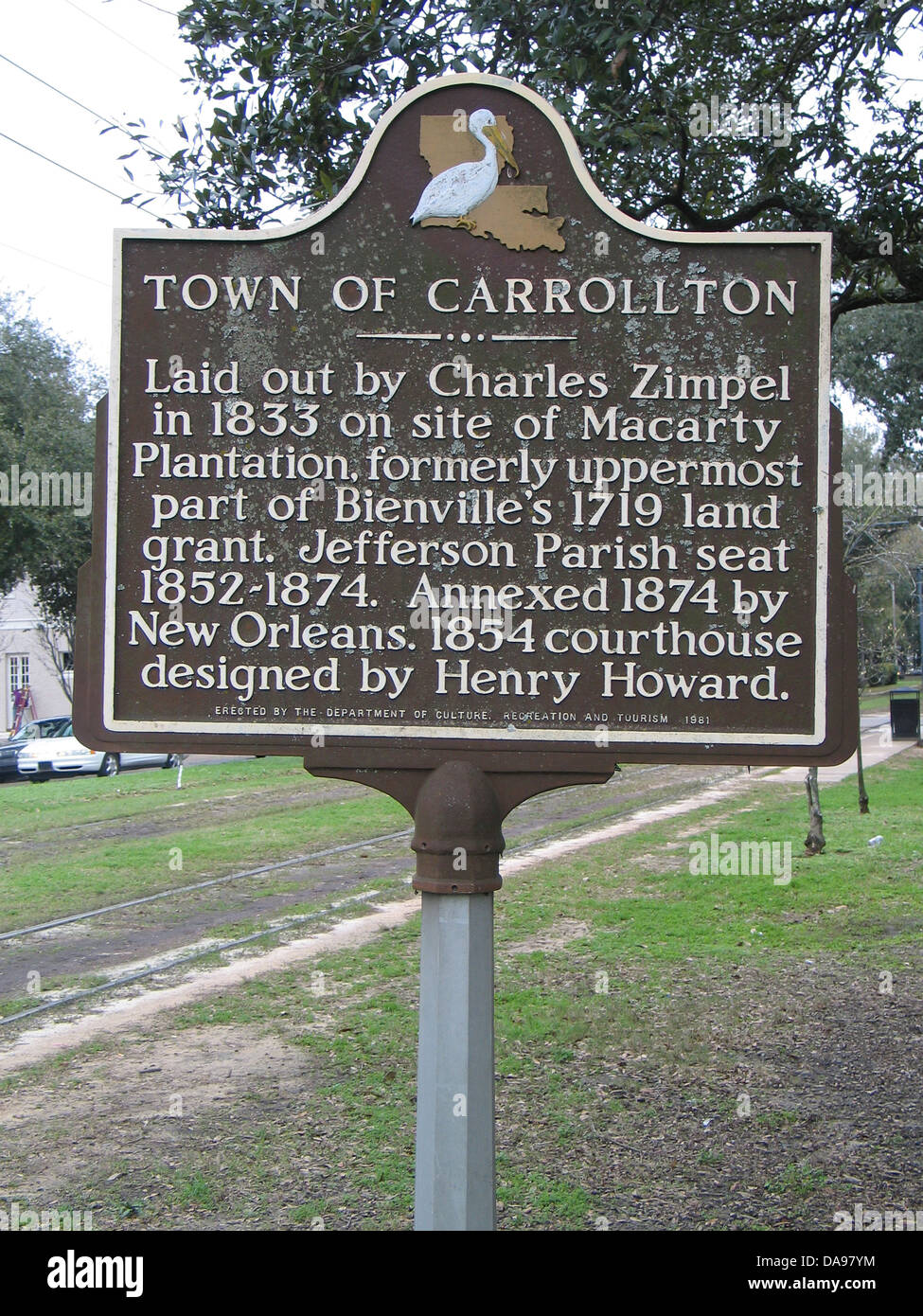 Stadt von CARROLLTON gelegt, die von Charles Zimpel 1833 an Stelle des Macarty Plantage, ehemals oberste Teil Bienvilles 1719 Landbewilligung. Jefferson Parish Seat 1852-1874. Beigefügten 1874 von New Orleans. 1854 Gerichtsgebäude von Henry Howard entworfen. Errichtet durch das Ministerium für Kultur, Erholung und Tourismus, 1981. Stockfoto