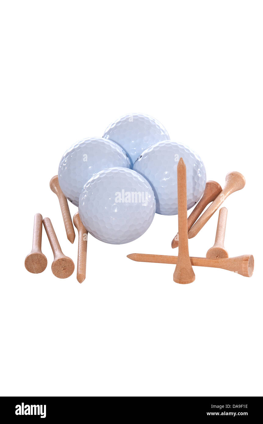 Vier Golfbälle und einige Tees isoliert auf weißem Hintergrund Stockfoto
