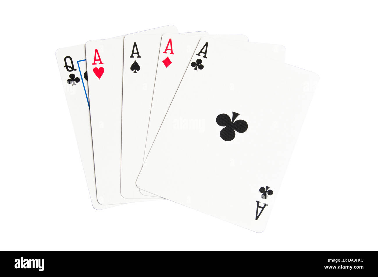 Ein Pokerblatt mit vier Asse. Eine gewinnende Hand. Isoliert auf weiss mit einem Beschneidungspfad. Stockfoto
