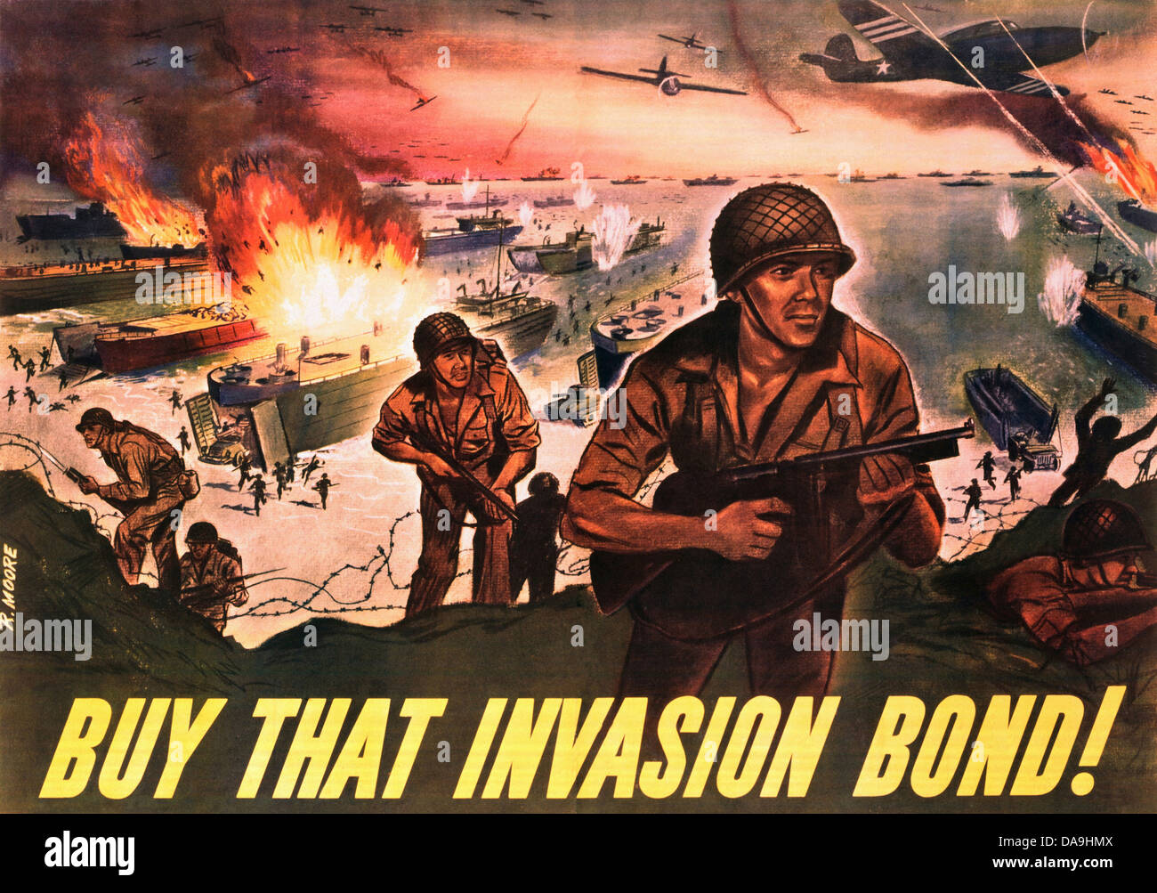 Zweiter Weltkrieg, Zweiter Weltkrieg, Weltkrieg, Krieg, Poster, Propagana, Propagandaplakat, USA, amerikanisch, Invasion, Soldaten, Schiffe, ein Stockfoto