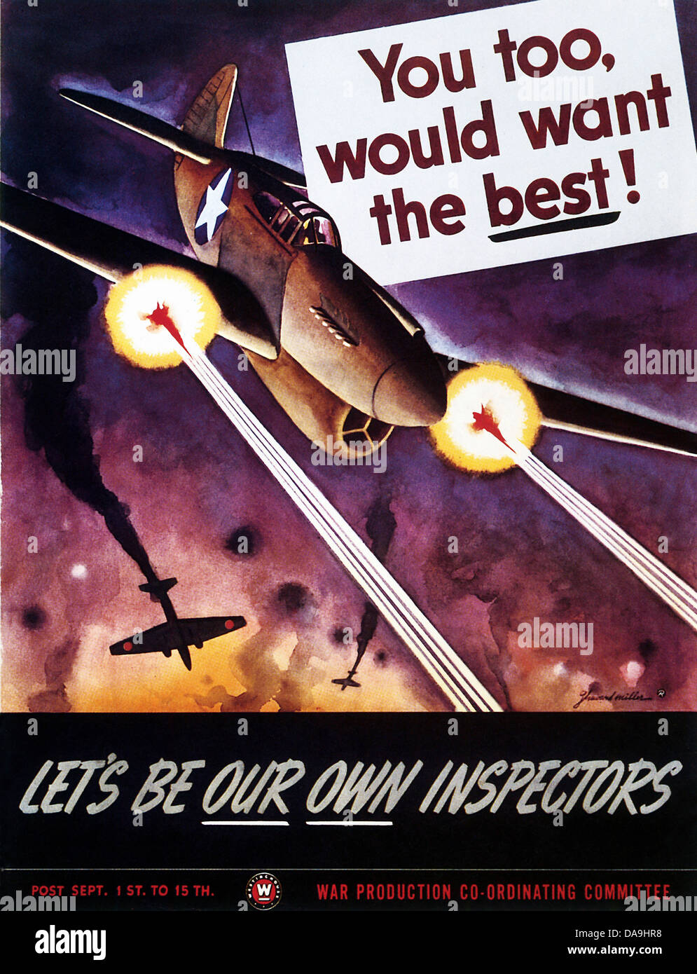 Zweiter Weltkrieg, Zweiter Weltkrieg, Weltkrieg, Krieg, Poster, Propagana, Propaganda-Plakat, USA, American, Kampfflugzeug, Luft-Schlacht, Aeria Stockfoto