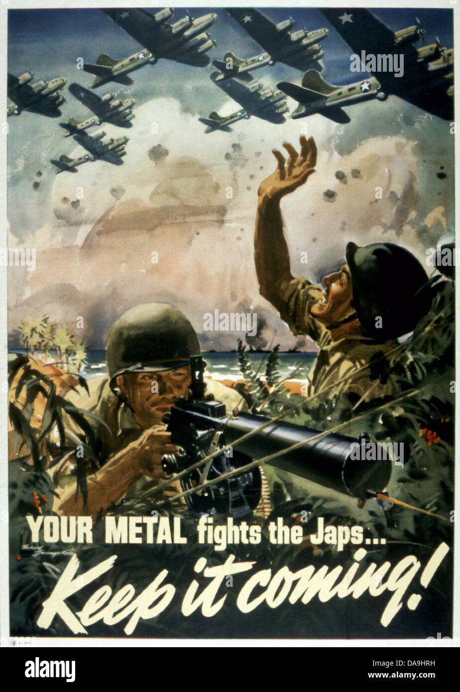 Zweiter Weltkrieg, Zweiter Weltkrieg, Weltkrieg, Krieg, Poster, Propagana, Propaganda-Plakat, USA, American, Soldaten, Maschinengewehr, Stockfoto