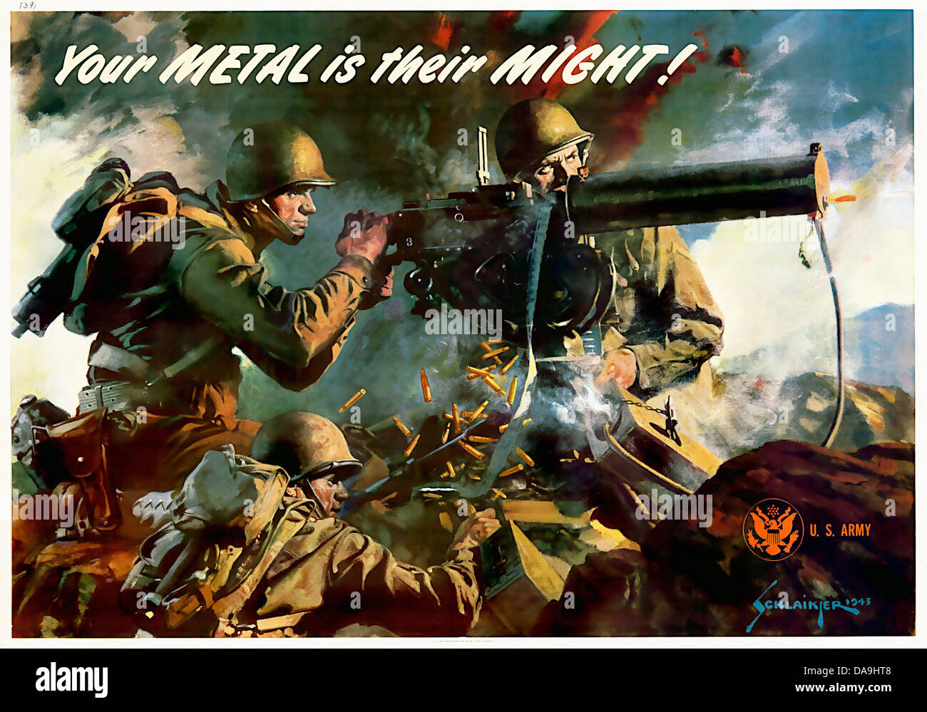 Zweiter Weltkrieg, Zweiter Weltkrieg, Weltkrieg, Krieg, Poster, Propagana, Propaganda Poster, USA, American, Machine gun, Soldat, Metall Stockfoto
