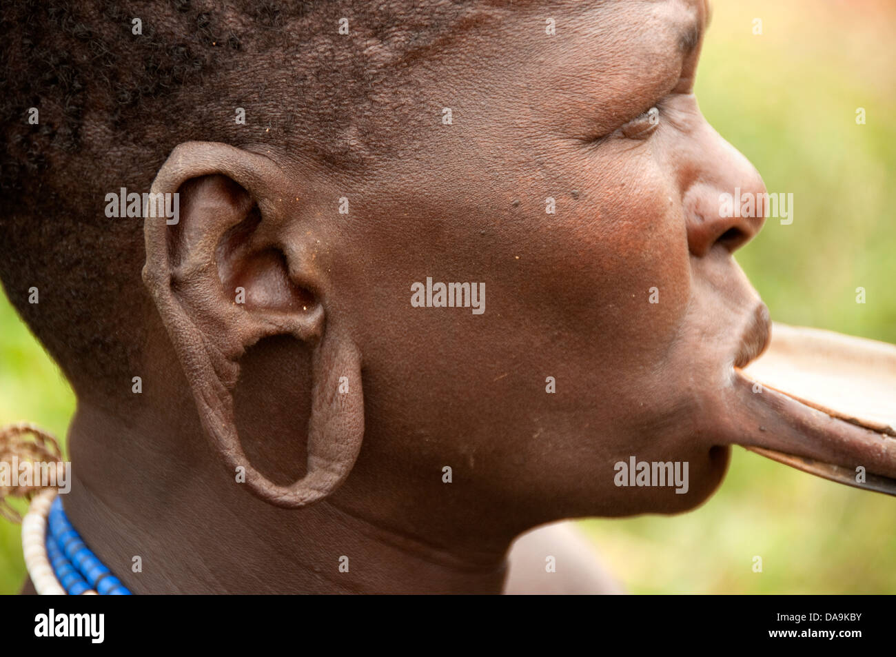 Suri (Surma) Frau mit Mundlochplatte und Ohrlöcher, Äthiopien Stockfoto