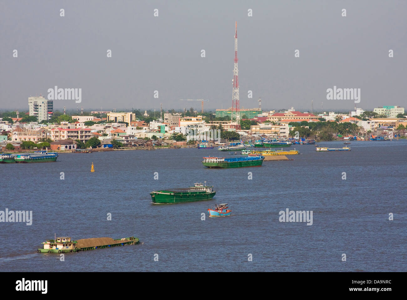 Asien, Boot, Delta, Fluss, Flüsse, Haus, Haus, Leben, Mekong, mein, Schiff, Stadt, Stadt, Stream, Tho, transport, Ufer, Urbane, Urbani Stockfoto