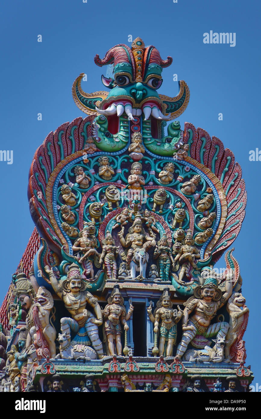 Indien, Süd-Indien, Asien, Tamil Nadu, Madurai, Sri Meenakshi, Tempel, Gopuram, Detail, Kunst, großen, berühmten, bunten, Dravidian, t Stockfoto