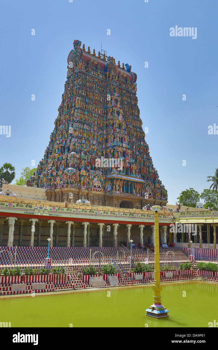 Indien, Süd-Indien, Asien, Tamil Nadu, Madurai, Sri Meenakshi, Tempel, Gopuram, Lotusteich, Kunst, groß, berühmt, bunt, Dravidia Stockfoto