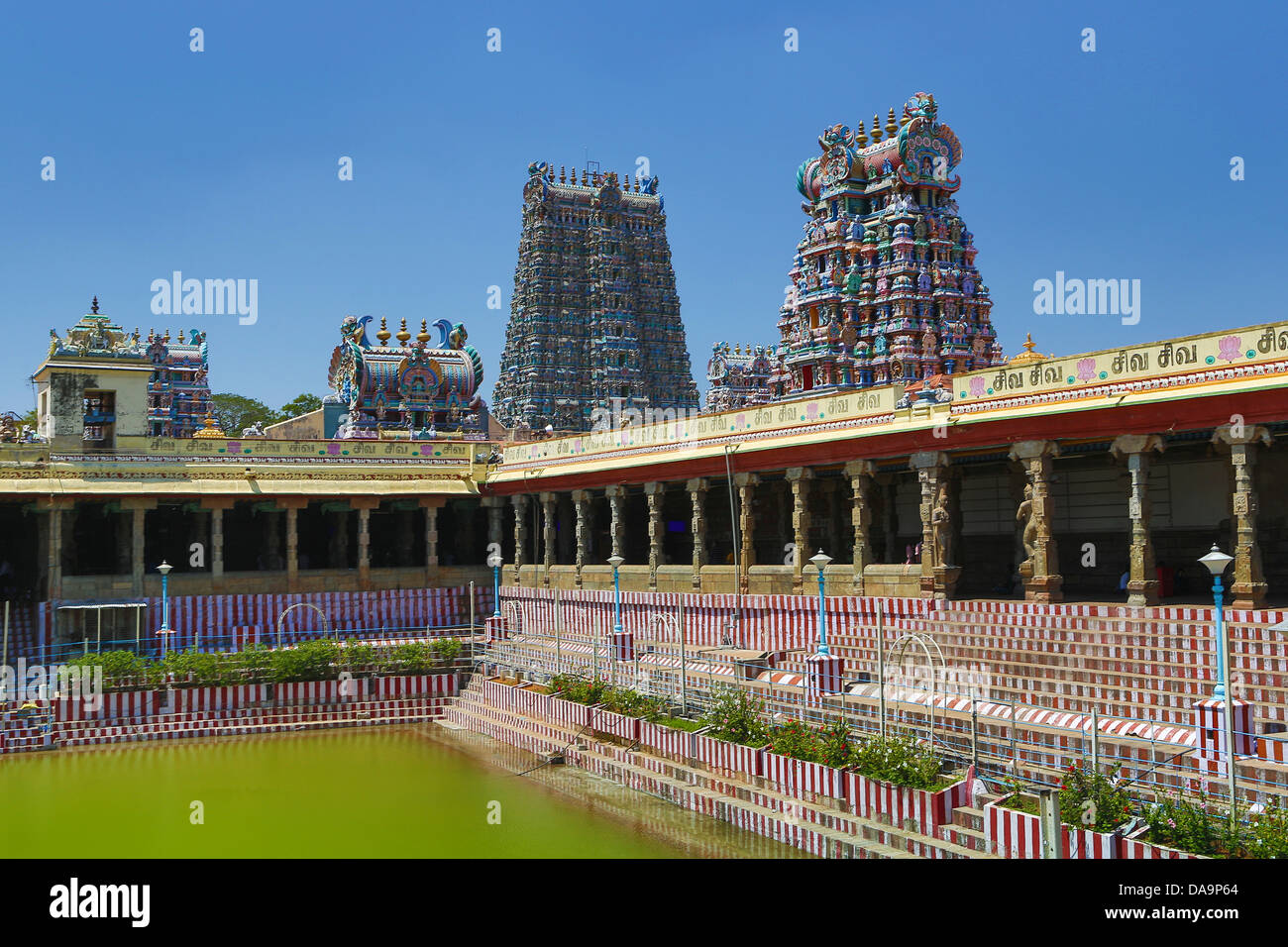 Indien, Süd-Indien, Asien, Tamil Nadu, Madurai, Sri Meenakshi, Tempel, Gopuram, Lotusteich, Kunst, groß, berühmt, bunt, Dravidia Stockfoto