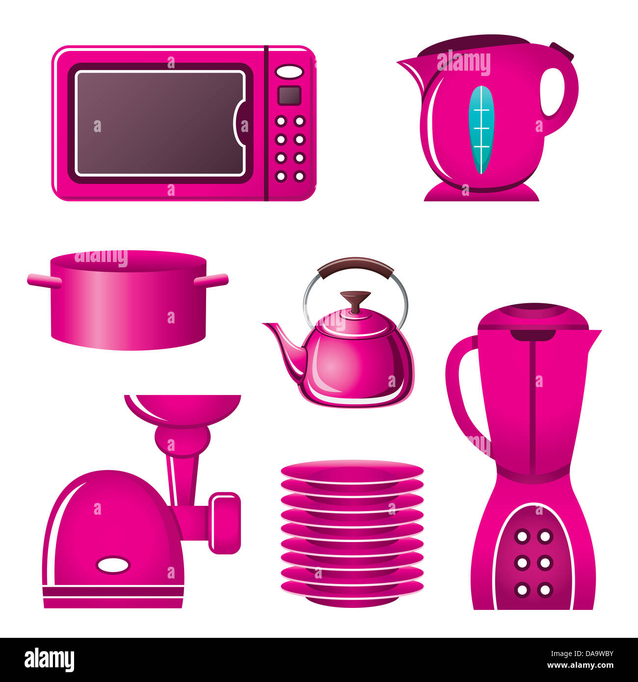 Set rosa Geschirr und Küchengeräte Stockfoto