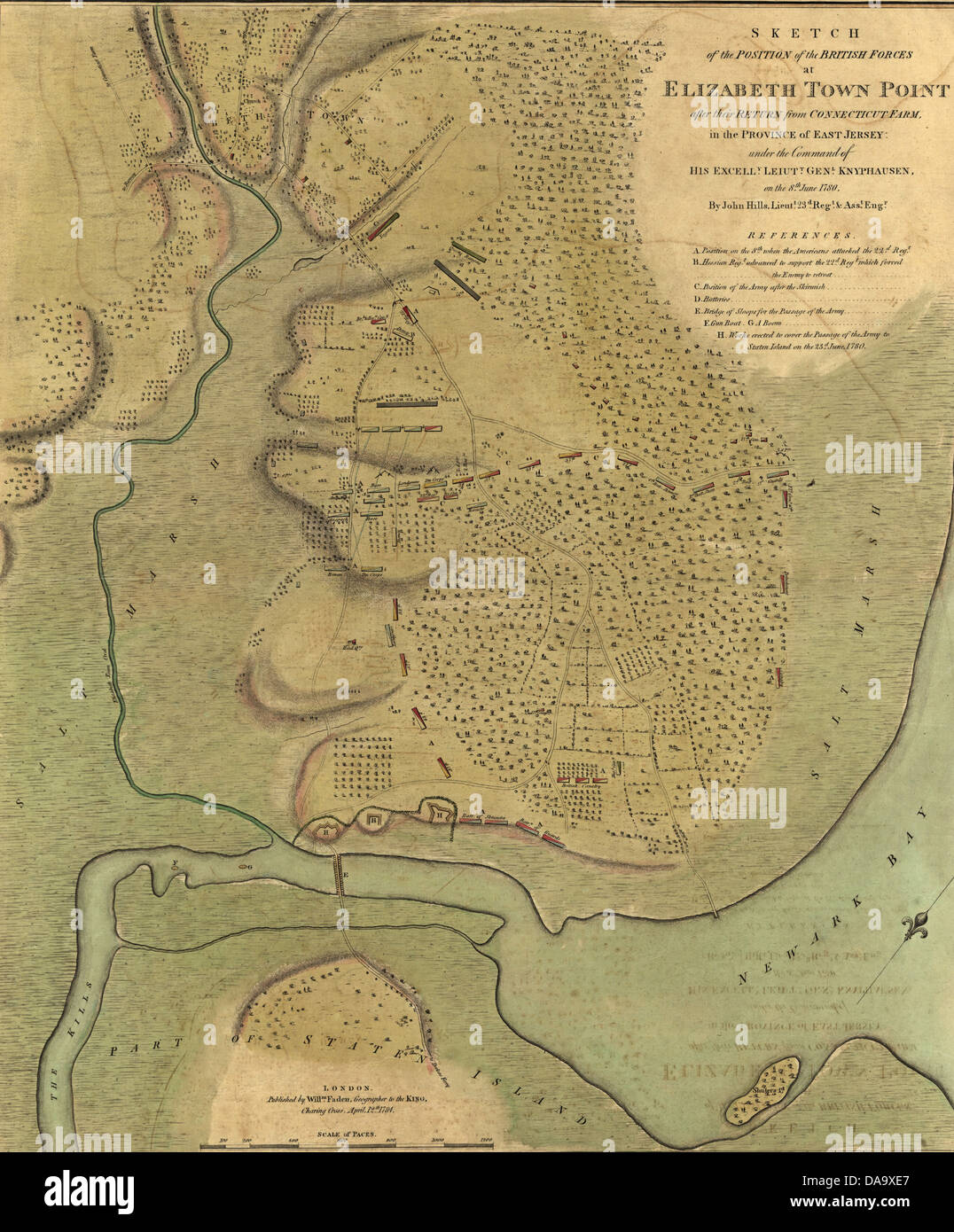 Karte von britischen Streitkräften in Elizabeth Town, New Jersey, 1789 aus Atlas der Schlachten der amerikanischen Revolution, gedruckt im Jahre 1845 Stockfoto