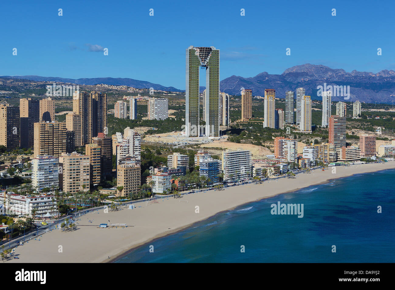 Spanien, Europa, Benidorm, Costa Blanca, Architektur, Strand, Stadt, Küste, Costa, berühmte, mediterran, Skyline, Hochhäuser, Tou Stockfoto