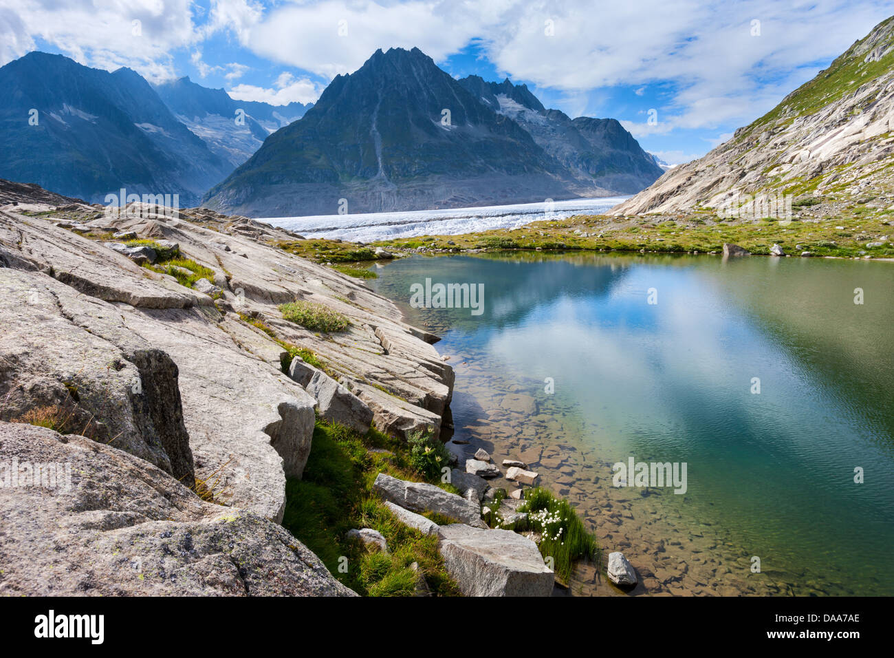 Gletscherrandsee, Schweiz, Europa, Kanton Wallis, Aletschgebiet, UNESCO Weltnaturerbe, Natur, Berge, Gletscher, Alet Stockfoto