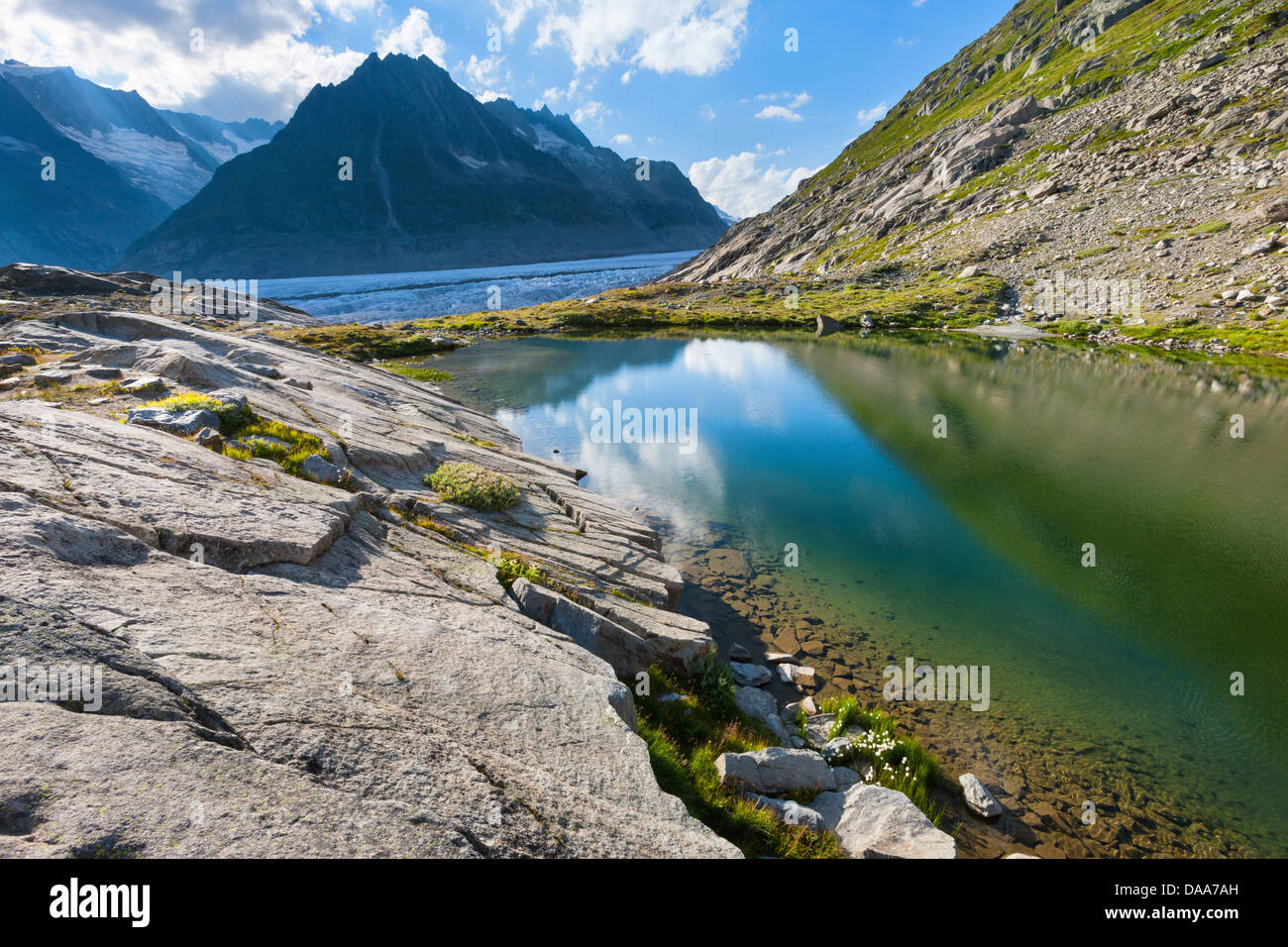 Gletscherrandsee, Schweiz, Europa, Kanton Wallis, Aletschgebiet, UNESCO Weltnaturerbe, Natur, Berge, Gletscher, Alet Stockfoto