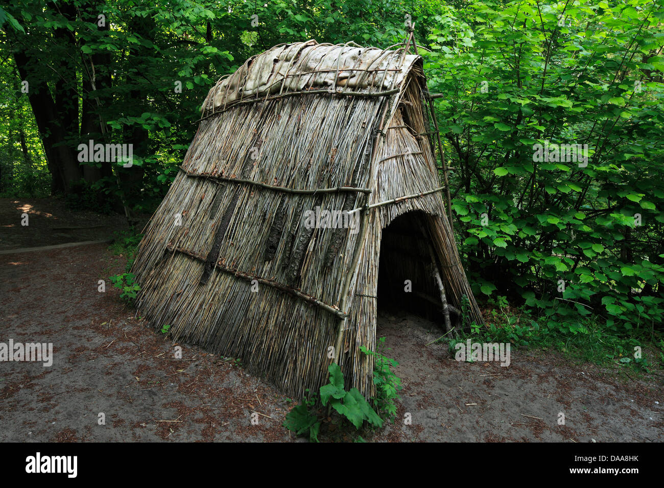 Strohhuette aus der Steinzeit, Archaeologischen Freilichtmuseum in Oerlinghausen, Teutoburger Wald, Nordrhein-Westfalen Stockfoto