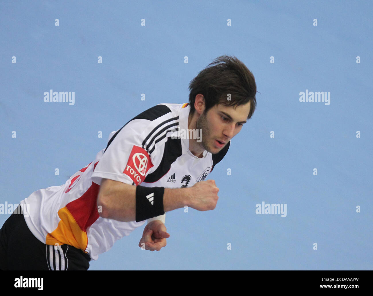 Uwe Gensheimer von Deutschland Jubel während der Herren Handball-WM vorläufige runden Gruppe ein Spiel Spanien gegen Deutschland in Kristianstad, Schweden, 17. Januar 2011. Foto: Jens Wolf dpa Stockfoto