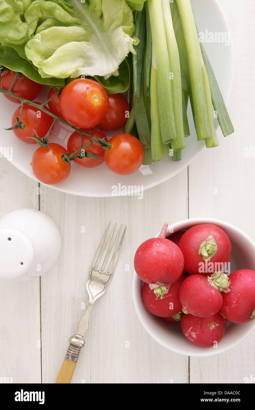 Sommer-Salat, Tomaten und Radieschen Stockfoto