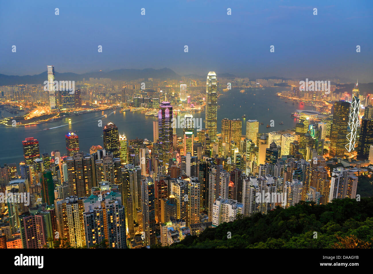 Hong Kong, China, Asien, Stadt, Abend, Twilight, Victoria Peak, Kowloon, Finanz, Center, Gebäude, Architektur, Gebäude, c Stockfoto
