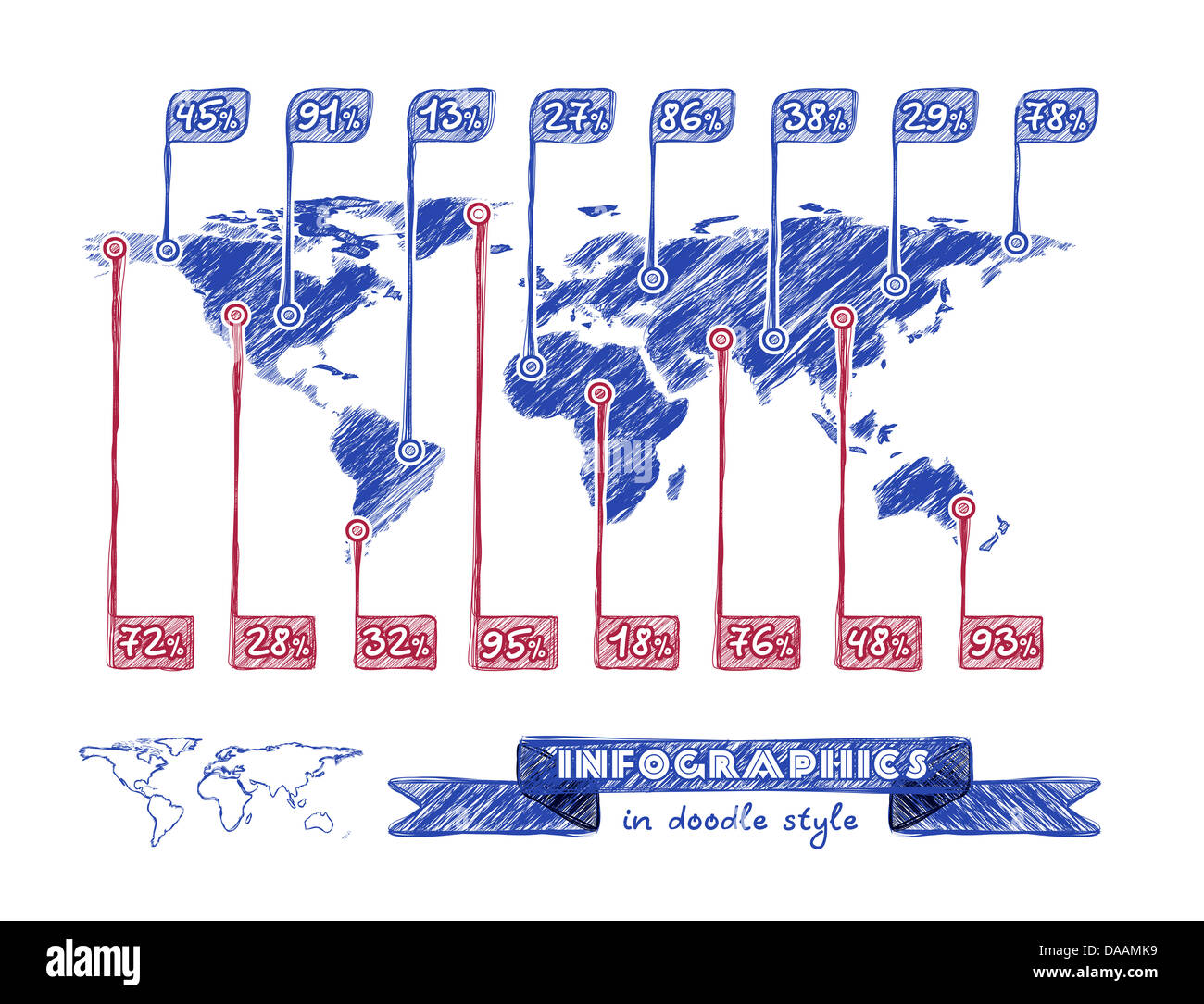 Hand gezeichnete Karte der Welt Stockfoto