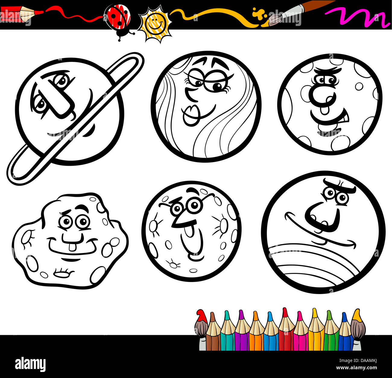 Malbuch oder Seite Cartoon Illustration von Schwarz und weiß-Planeten und Orben Comic-Figuren Set für Kindausbildung Stockfoto