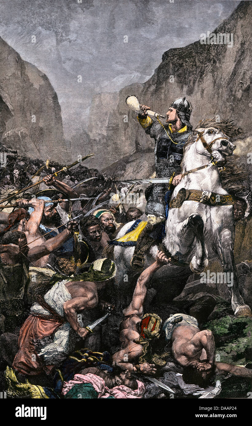 Roland blasen sein kriegshorn im Kampf gegen die Sarazenen an Roncesvalle, 789 AD. Hand - farbige Holzschnitt Stockfoto