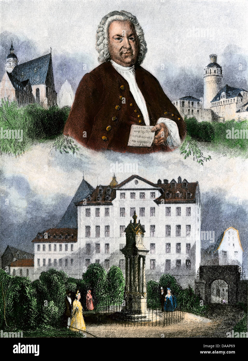 Komponist Johann Sebastian Bach, mit Thomas Kirche (oben links), leipsig Sternwarte, und Bach Memorial. Handcolorierte halftone einer Abbildung Stockfoto