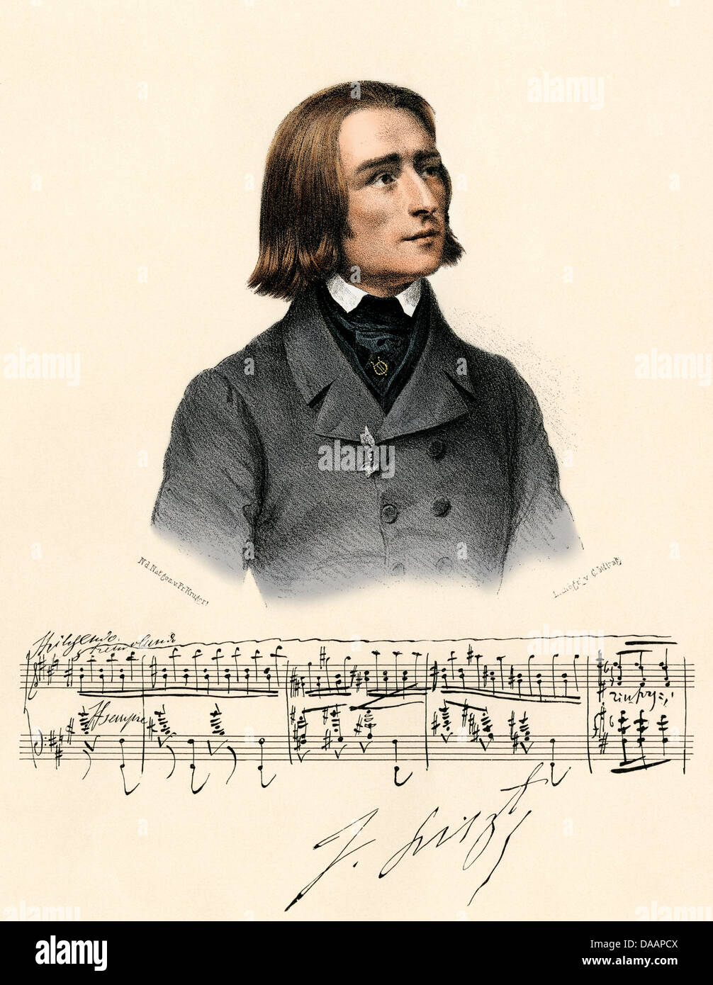 Porträt des jungen Franz Liszt, mit einem Schrott von Manuskript und sein Autogramm. Digital farbige Lithographie Stockfoto