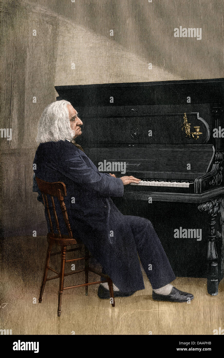 Franz Liszt am Klavier. Digital farbige Gravur Stockfoto