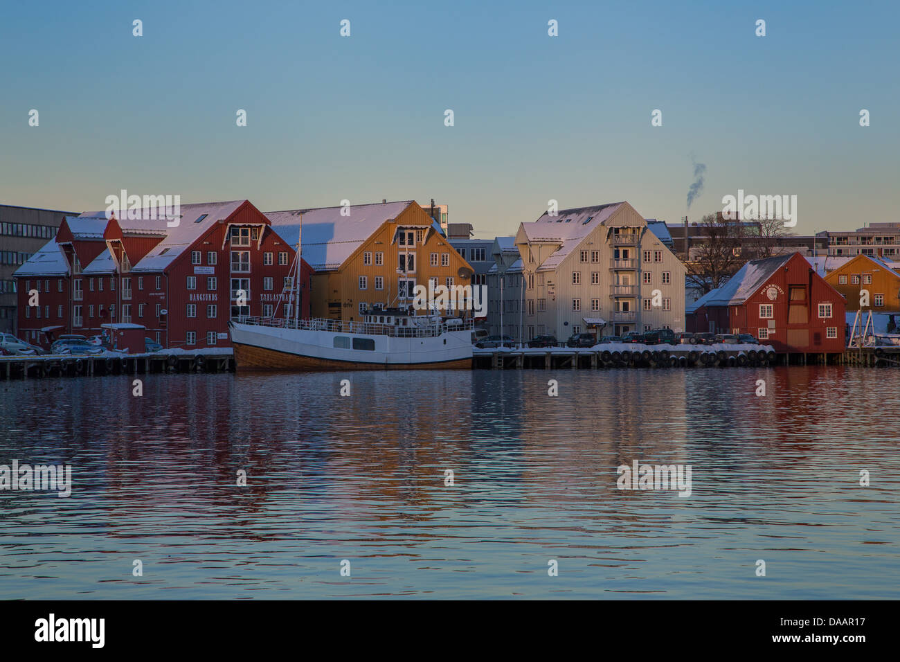 Abendstimmung, Europa, Landschaft, Landschaft, Licht, Stimmung, Norwegen, Skandinavien, Speicher Häuser, Stadt, Stadt, Tromsö, Winter, Sehenswürdigkeiten Stockfoto