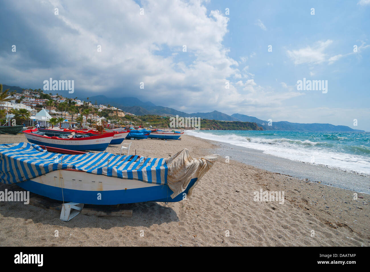 Burriana Strand, Nerja, Malaga, La Axarquia, Costa Del Sol, Spanien Stockfoto