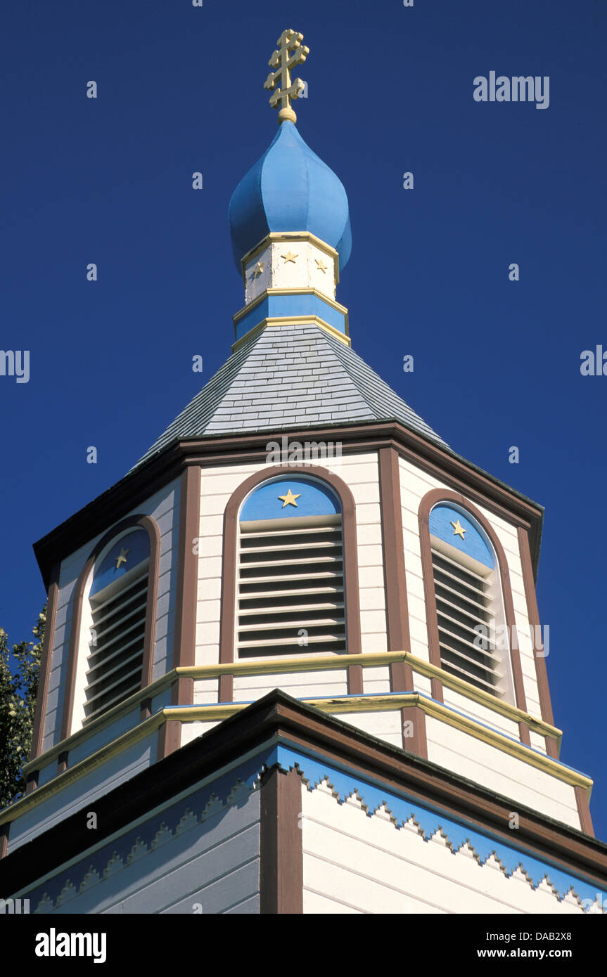 Russische orthodoxe Kirche, Altstadt, Kenai Halbinsel Kenai, Alaska, USA, sonnig, blauer Himmel Stockfoto