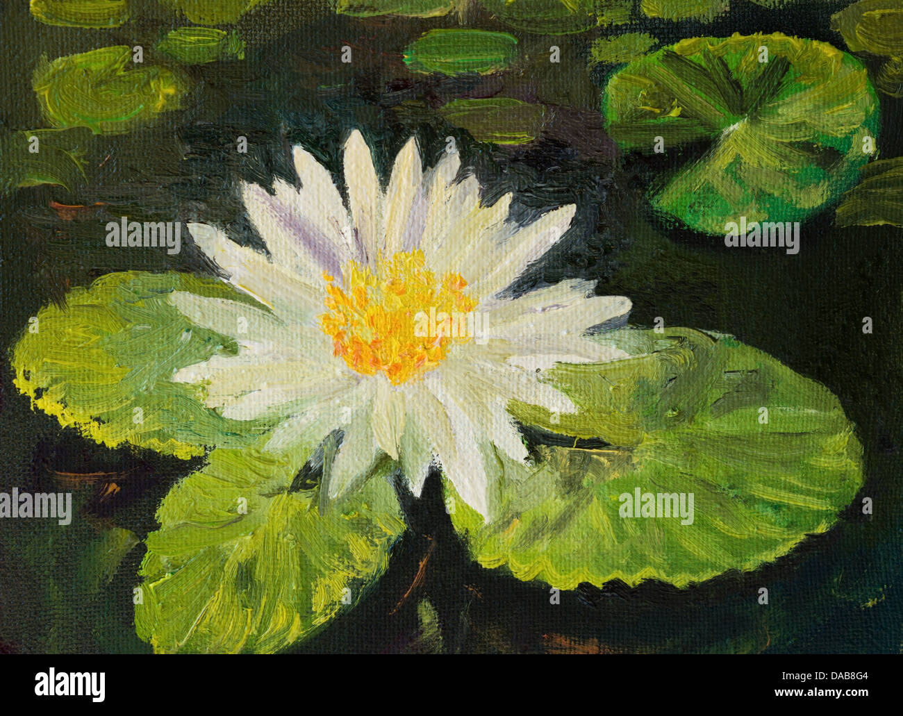 Ein Ölgemälde auf eine Seerose in einem Teich mit bunten Blättern und leuchtenden Blüten. Stockfoto