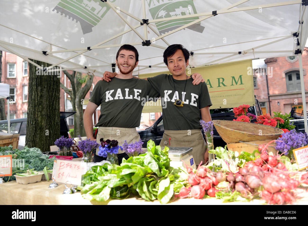 Yalies arbeiten als Ferialpraktikanten in Yales Bio-Garten. Vietnamesische Amerikaner Timothy Le, 14, R, und Jackson Blum, 15, links. Stockfoto