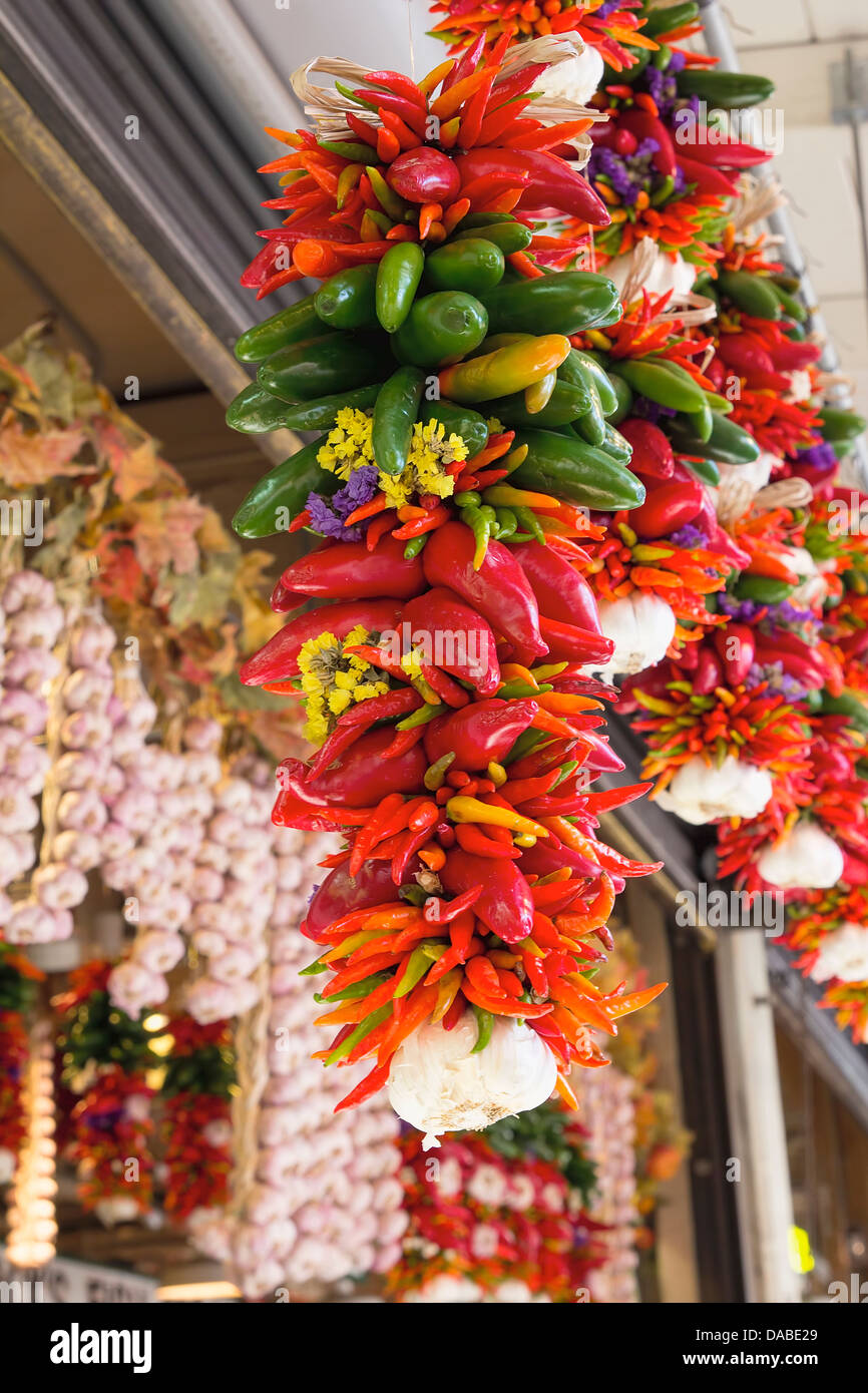 Bunte Hot Chili Jalapeno und Cayennepfeffer und Knoblauch-Trauben hängen an Obst und Gemüse Stall Stockfoto